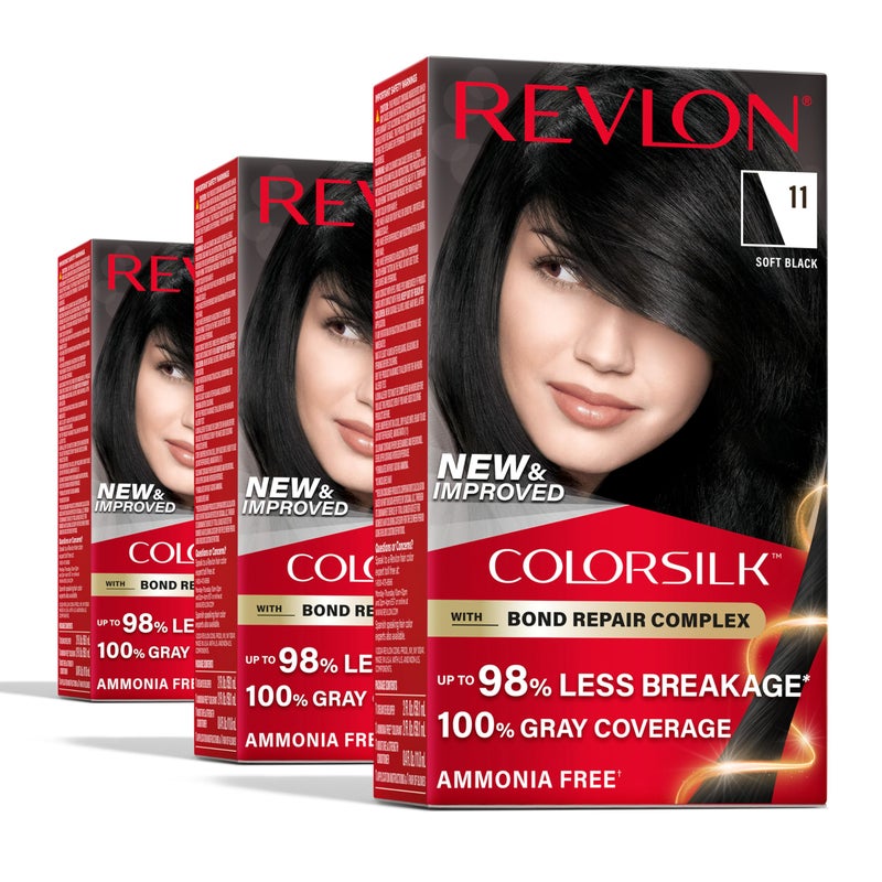 Revlon ColorSilk with Bond Repair Complex Black Permanent Hair Color 100 Gray Coverage Ammonia Free Hair Dye Vegan Keratin 11 Soft Black Pack of 3